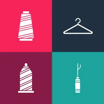 Set pop art Awl tool, Sewing thread, Hanger wardrobe and icon. Vector 스톡 일러스트