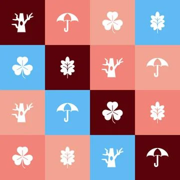Set pop art Bare tree, Umbrella, Clover and Leaf icon. Vector Illustrazione stock