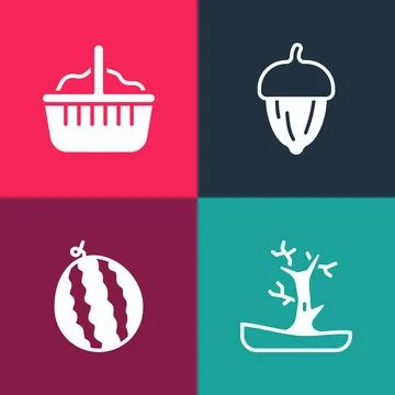 Set pop art Bare tree, Watermelon, Acorn and Basket icon. Vector Stock Illustration