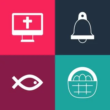 Set pop art Basket with easter eggs, Christian fish symbol, Church bell and Stock Illustration