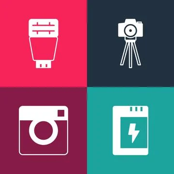 Set pop art Battery for camera, Photo, and flash icon. Vector Stock Illustration