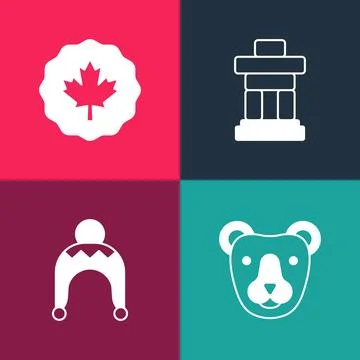 Set pop art Bear head, Winter hat, Inukshuk and Canadian maple leaf icon. Vector Stock Illustration