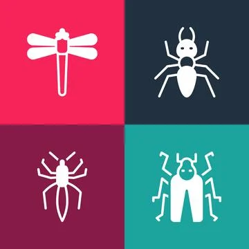 Set pop art Beetle bug, Spider, Ant and Dragonfly icon. Vector 스톡 일러스트