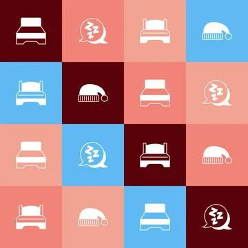 Set pop art Big bed, Sleepy,  and Sleeping hat icon. Vector Stock Illustration