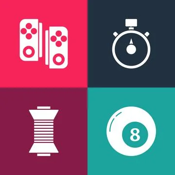 Set pop art Billiard pool snooker ball, Sewing thread on spool, Stopwatch and Stock Illustration