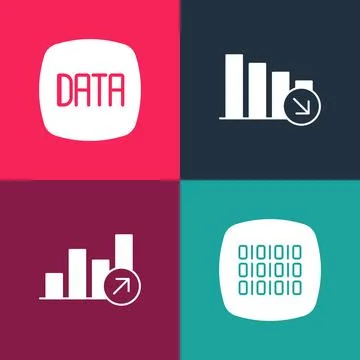 Set pop art Binary code, Financial growth, decrease and Data analysis icon Stock Illustration