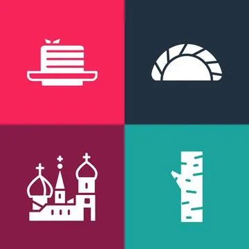 Set pop art Birch tree, Saint Basil's Cathedral, Dumpling and Medovik icon Illustrazione stock