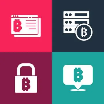 Set pop art Bitcoin, Lock with bitcoin, Server and browser icon. Vector Illustrazione stock