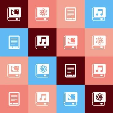 Set pop art Book about geometry, physics, E-Book reader and Audio book icon Illustrazione stock