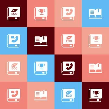 Set pop art Book about ecology, Phone book and Open icon. Vector Stock Illustration