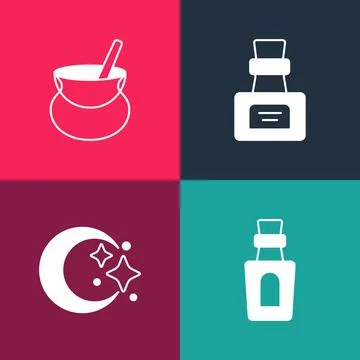 Set pop art Bottle with potion, Moon and stars, and Witch cauldron icon. Vector Stock Illustration