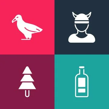 Set pop art Bottle of vodka, Tree, Viking head and Albatross icon. Vector Stock Illustration