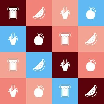 Set pop art Bread toast, Watermelon, Corn and Plum fruit icon. Vector Stock Illustration