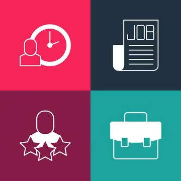 Set pop art Briefcase, Productive human, Search job and Work time icon. Vector Stock Illustration