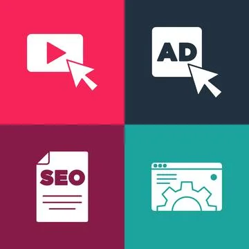 Set pop art Browser setting, SEO optimization, Advertising and icon. Vector Stock Illustration