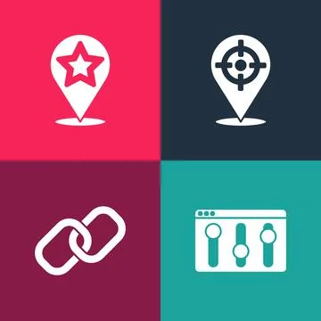 Set pop art Browser setting, Chain link, Target sport and Map pointer with star 스톡 일러스트