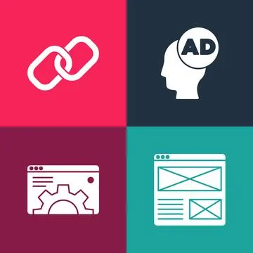 Set pop art Browser window, setting, Advertising and Chain link icon. Vector 스톡 일러스트