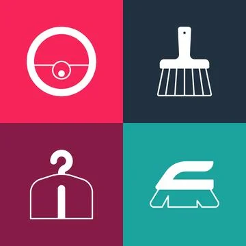 Set pop art Brush for cleaning, Hanger wardrobe, Handle broom and Robot vac.. Illustration