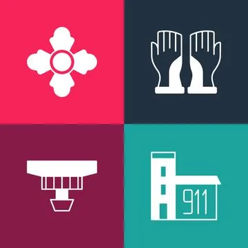 Set pop art Building of fire station, Smoke alarm system, Firefighter gloves and Ilustración de archivo