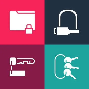 Set pop art Bunch of keys, Marked, Bicycle lock and Folder and icon. Vector 스톡 일러스트