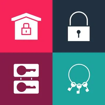 Set pop art Bunch of keys, Casting, Lock and House under protection icon. Vector Stock Illustration