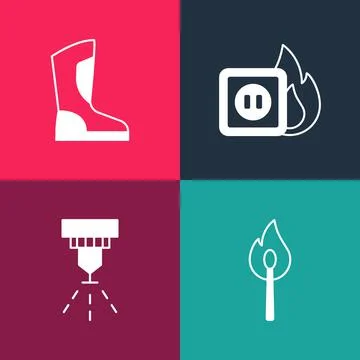 Set pop art Burning match with fire, Fire sprinkler system, Electric wiring of Stock Illustration