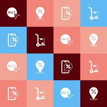 Set pop art Buy button, Location with percent, Percent discount phone and Hand Stock Illustration