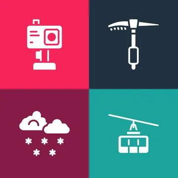 Set pop art Cable car, Cloud with snow, Ice axe and Action camera icon. Vector Stock Illustration