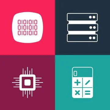 Set pop art Calculator, Processor CPU, Server and Binary code icon. Vector Stock Illustration