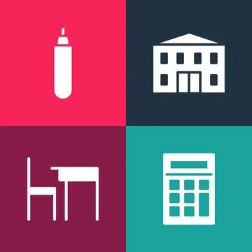 Set pop art Calculator, School table and chair, building and Marker pen icon. Ilustración de archivo