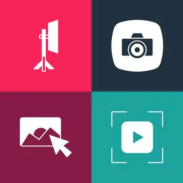 Set pop art Camera focus frame line, Photo retouching, camera and Studio light 库存插图