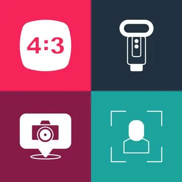 Set pop art Camera focus frame line, Photo camera, flash and 4 icon. Vector Stock Illustration