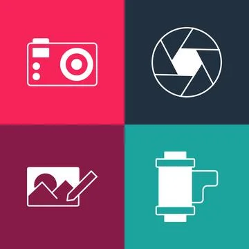 Set pop art Camera roll cartridge, Photo retouching, shutter and camera icon Illustrazione stock