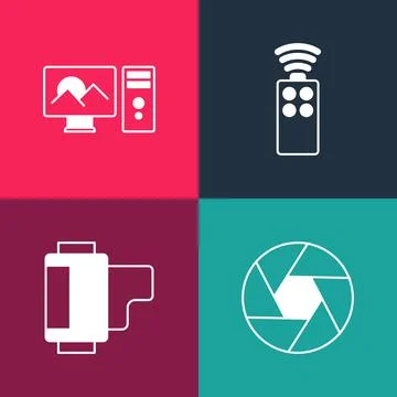 Set pop art Camera shutter, roll cartridge, Remote control for camera and Photo Illustrazione stock