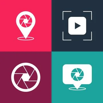 Set pop art Camera shutter, focus frame line and icon. Vector 스톡 일러스트