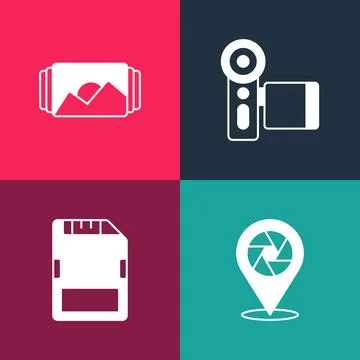 Set pop art Camera shutter, SD card, Cinema camera and Photo frame icon. Vector Stock Illustration