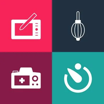 Set pop art Camera timer, Photo camera, Dust blower and Graphic tablet icon Stock Illustration