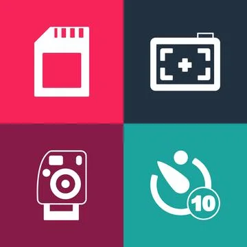 Set pop art Camera timer, Photo camera, and SD card icon. Vector イラスト素材