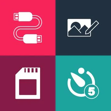 Set pop art Camera timer, SD card, Photo retouching and USB cable cord icon.. Stock Illustration