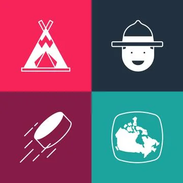 Set pop art Canada map, Hockey puck, Canadian ranger hat and Indian teepee or Illustrazione stock
