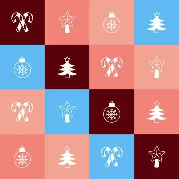 Set pop art Candy cane with stripes, Christmas star, ball and tree icon. Vector Stock Illustration