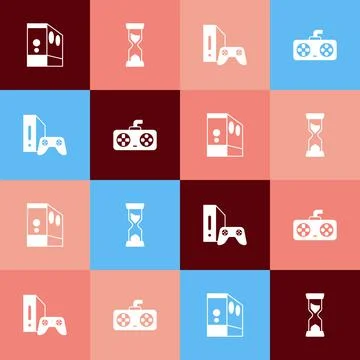 Set pop art Case of computer, Old hourglass, Game console with joystick and 스톡 일러스트