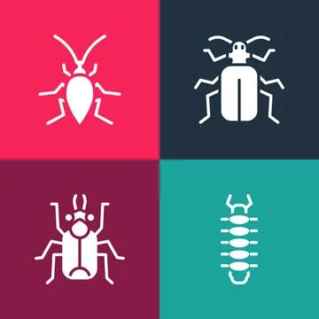 Set pop art Centipede, Beetle bug, Chafer beetle and Cockroach icon. Vector Stock Illustration