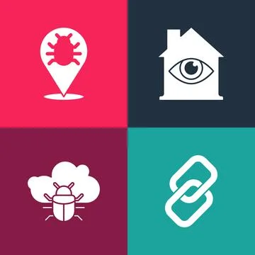 Set pop art Chain link, System bug on cloud, House with eye scan and icon Stock Illustration