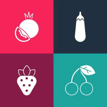 Set pop art Cherry, Strawberry, Eggplant and Tomato icon. Vector Illustrazione stock
