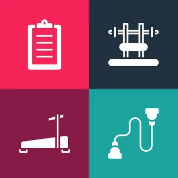 Set pop art Chest expander, Treadmill machine, Bench with barbel and Sport Stock Illustration