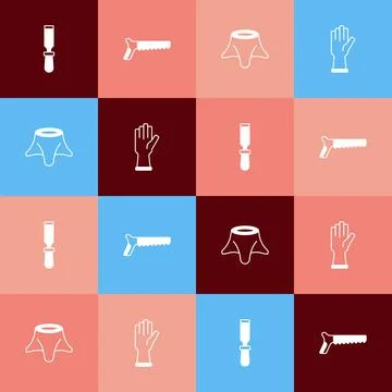 Set pop art Chisel tool, Hand saw, Tree stump and Protective gloves icon. Vector Stock Illustration