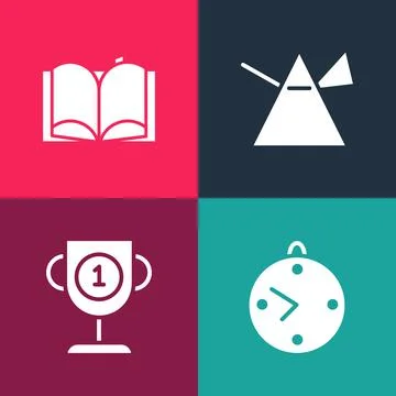 Set pop art Clock, Award cup, Light rays in prism and Open book icon. Vector Stockillustratie