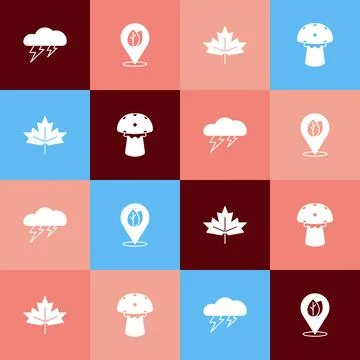 Set pop art Cloud and lightning, Location with leaf, Canadian maple and Mushroom イラスト素材