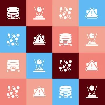 Set pop art Cloud database, Hologram, Medical pill biohacking and Exclamation Illustrazione stock